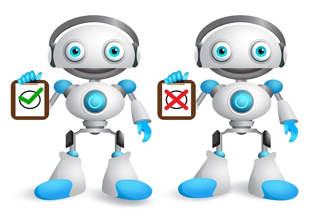 Jeu de caractères vectoriels robot Androïde robotique amical tenant un tableau blanc avec différents signes