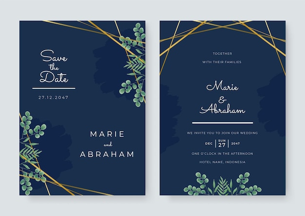 Jeu De Carte Avec Fleur, Feuilles Aquarelle. Notion D'ornement De Mariage. Affiche Florale, Inviter. Carte De Voeux Décorative De Vecteur Ou Conception D'invitation. Décoration De Lignes Dorées Sur Fond Bleu Foncé