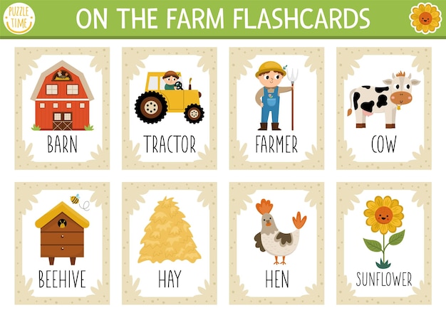 Jeu De Cartes Flash Vectorielles Sur La Ferme Jeu De Langue Anglaise Avec Un Agriculteur De Tracteur De Grange Mignon Pour Les Enfants Cartes Flash De Campagne Rurale Avec Des Animaux Feuille De Travail Imprimable éducative Simplexa