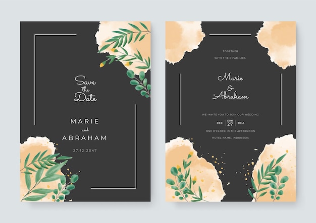 Jeu De Cartes Avec Floral, Feuilles Aquarelle. Notion D'ornement De Mariage. Affiche Florale, Inviter. Carte De Voeux Décorative De Vecteur Ou Conception D'invitation. Pinceau Aquarelle Fort Sur Fond Sombre