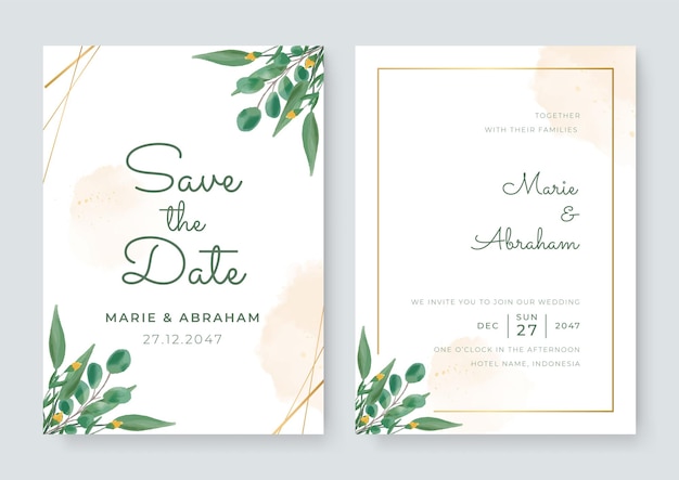 Jeu De Cartes Avec Floral Vert, Feuilles Aquarelle. Notion D'ornement De Mariage. Affiche Florale, Inviter. Carte De Voeux Décorative De Vecteur Ou Conception D'invitation. Cadre De Ligne D'or De Luxe Sur Fond Blanc