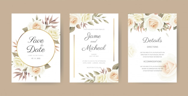 Vecteur jeu de cartes d'invitation de mariage vintage. bouquet de fleurs élégant. une rose blanche peinte de feuilles d'eucalyptus aquarelle avec un cadre doré.