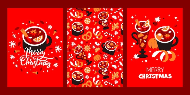 Jeu De Cartes De Noël. Vin Chaud, Mandarines, Vin, épices. Modèle Sans Couture, Fond Textile