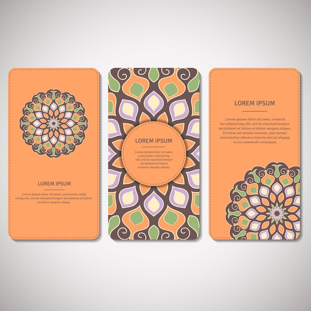 Jeu De Cartes Ornementales, Flyers Avec Mandala Fleur En Orange