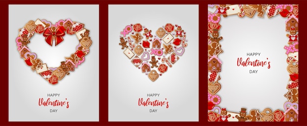 Vecteur jeu de cartes de saint valentin avec des biscuits au pain d'épice