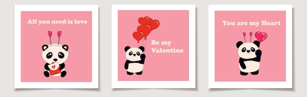 Jeu De Cartes De La Saint-valentin Jeu De Mignons Petits Pandas Assis Détient Des Cœurs. Amour, Saint Valentin.