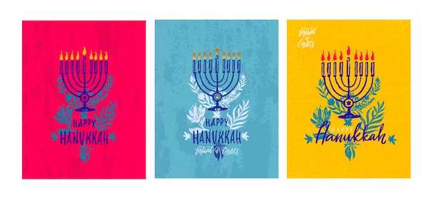 Vecteur jeu de cartes de voeux hanukkah dessinées à la main modèle d'impression pour affiches invitations cartes de vacances