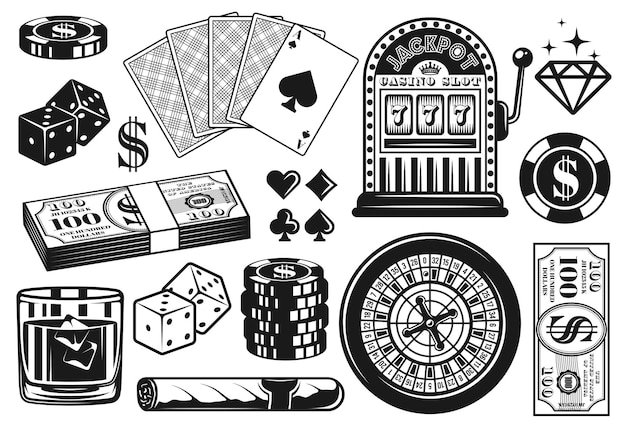 Jeu de casino et de poker d'objets ou d'éléments noirs