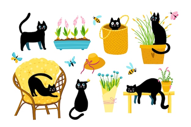 Vecteur jeu de chat de printemps. une grande collection de personnages de dessins animés dans diverses poses dans un style enfantin simple dessiné à la main.