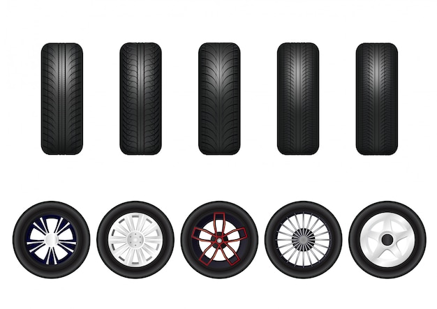 Vecteur jeu complet de roues de voiture avec jantes en alliage.