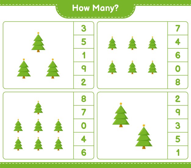 Jeu De Comptage, Combien D'arbre De Noël. Jeu éducatif Pour Enfants, Feuille De Travail Imprimable,