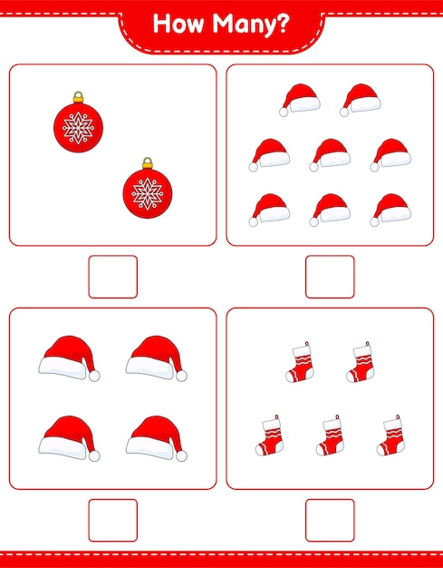 Jeu de comptage, combien de boules de Noël, de bonnet de noel et de chaussettes de Noël. Jeu éducatif pour enfants, feuille de calcul imprimable, illustration vectorielle