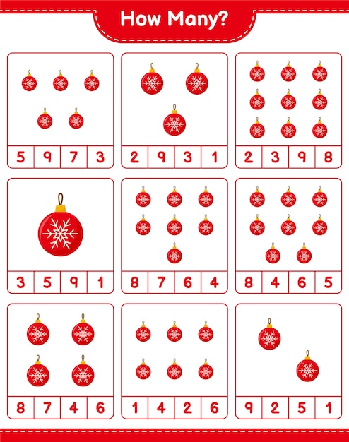 Jeu De Comptage, Combien De Boules De Noël. Jeu éducatif Pour Enfants, Feuille De Travail Imprimable