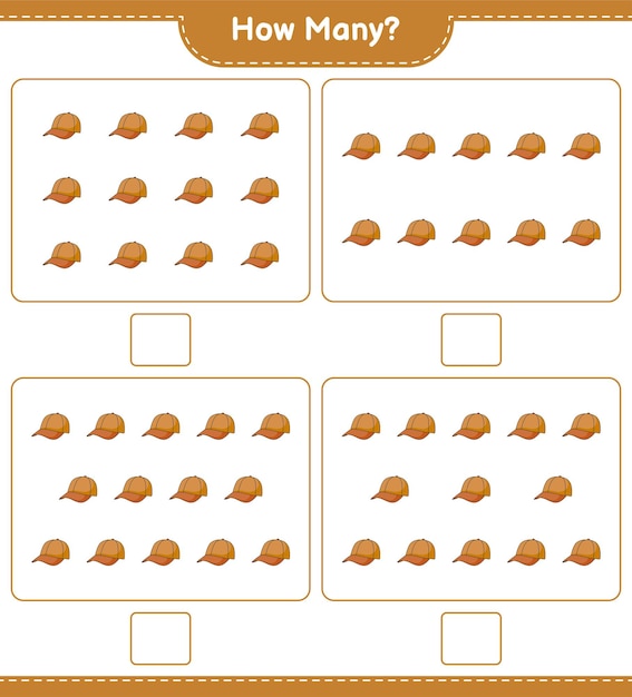 Jeu De Comptage, Combien De Cap Hat. Jeu éducatif Pour Enfants, Feuille De Calcul Imprimable, Illustration Vectorielle