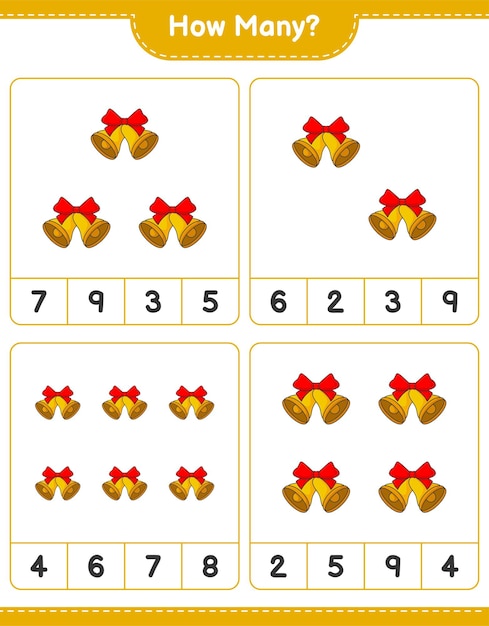 Jeu de comptage, combien de cloches de Noël. Jeu éducatif pour enfants, feuille de calcul imprimable, illustration vectorielle