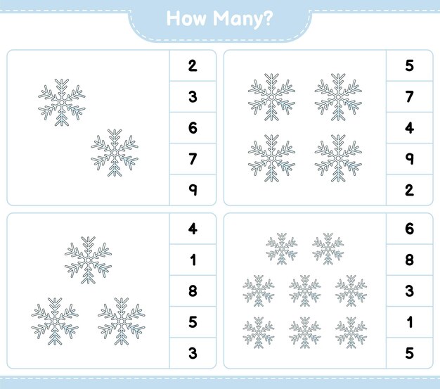 Jeu De Comptage, Combien De Flocon De Neige. Jeu éducatif Pour Enfants, Feuille De Calcul Imprimable, Illustration Vectorielle