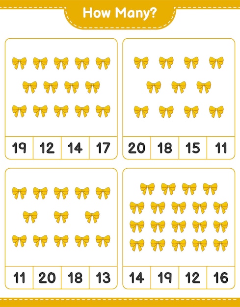 Jeu de comptage, combien de ruban. Jeu éducatif pour enfants, feuille de calcul imprimable, illustration vectorielle