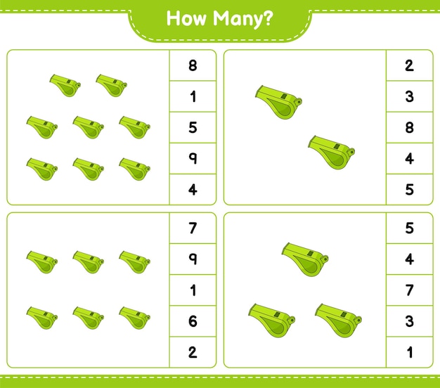 Jeu De Comptage, Combien De Sifflet. Jeu éducatif Pour Enfants, Feuille De Calcul Imprimable, Illustration Vectorielle