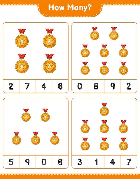 Jeu De Comptage, Combien De Trophée. Jeu éducatif Pour Enfants, Feuille De Calcul Imprimable, Illustration Vectorielle