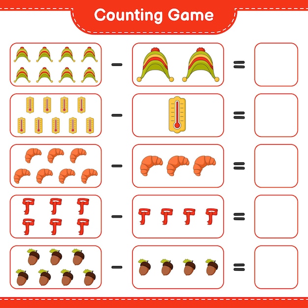 Jeu De Comptage, Comptez Le Nombre De Chapeau, Thermomètre, Croissant, écharpe, Gland Et écrivez Le Résultat. Jeu éducatif Pour Enfants, Feuille De Calcul Imprimable