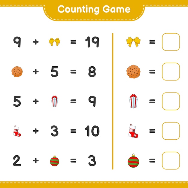 Jeu De Comptage, Comptez Le Nombre De Coffrets Cadeaux, Chaussettes, Boules De Noël, Rubans, Biscuits Et écrivez Le Résultat. Jeu éducatif Pour Enfants, Feuille De Calcul Imprimable, Illustration Vectorielle