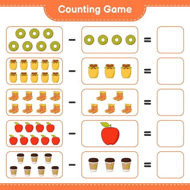 Jeu De Comptage, Comptez Le Nombre De Donut, Confiture, Chaussettes, Pomme, Tasse à Thé Et écrivez Le Résultat. Jeu éducatif Pour Enfants, Feuille De Calcul Imprimable