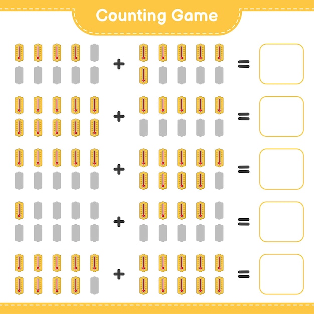 Jeu de comptage, comptez le nombre de thermomètre et écrivez le résultat. Jeu éducatif pour enfants, feuille de calcul imprimable