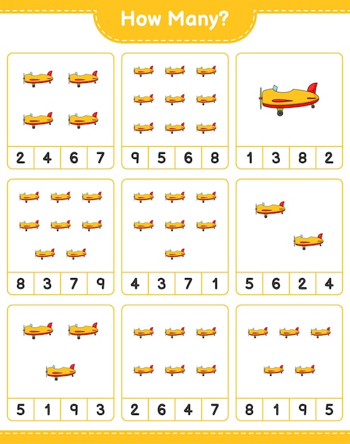 Jeu De Comptage Du Nombre D'enfants éducatifs D'avion Jeu Feuille De Calcul Imprimable Illustration Vectorielle