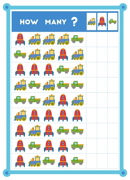 Jeu De Comptage Jeu éducatif Pour Les Enfants Comptez Le Nombre De Navettes Spatiales Et De Trains Dans Chaque Rangée