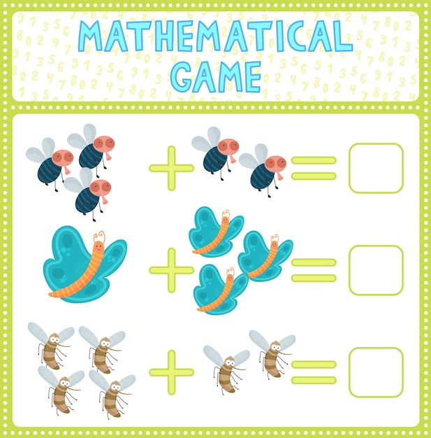 Vecteur jeu de comptage mathématique pour les enfants pouvez-vous résoudre ce divertissement d'énigme drôle pour enfants trouver la bonne réponse page d'activité vectorielle mathématique et jeu tâche d'association avec moustique papillon mouche