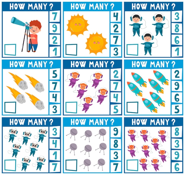 Vecteur jeu de comptage pour les enfants d'âge préscolaire éducatif un jeu mathématique comptez le nombre de pièces et écrivez le résultat thème de l'espace