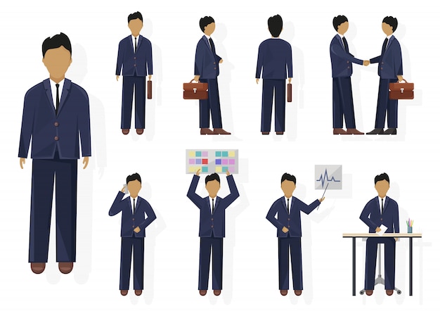 Jeu de conception de personnage homme d'affaires. Femme avec divers points de vue, des poses et des gestes. personne isolée style plat
