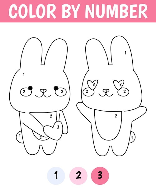 Vecteur jeu de couleur par nombre pour les enfants amour couple lapin concept saint valentin mignon lapin kawaii feuille de travail imprimable avec solution pour l'école et l'école maternelle activité d'apprentissage des nombres