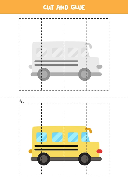 Jeu De Coupe Et De Colle Pour Enfants Avec Autobus Scolaire De Dessin Animé. Pratique De Coupe Pour Les Enfants D'âge Préscolaire.