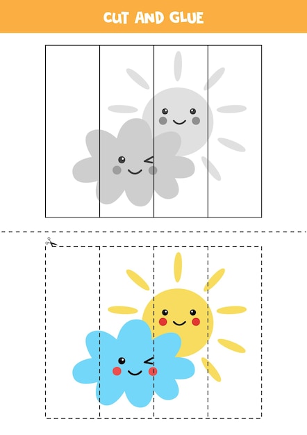 Jeu De Coupe Et De Colle Pour Les Enfants Avec De Jolis Nuages Et Soleil. Pratique De Coupe Pour Les Enfants D'âge Préscolaire.