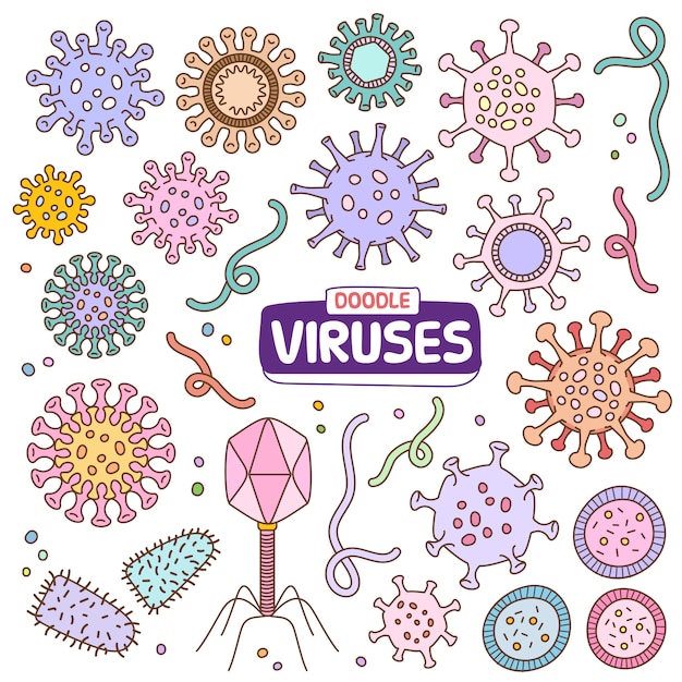 Jeu De Dessin Animé Dessiné à La Main En Couleur Doodle - Virus