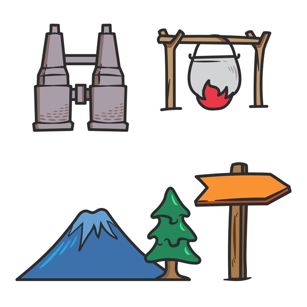 Vecteur jeu de dessin animé d'icône de doodle de vecteur de camping