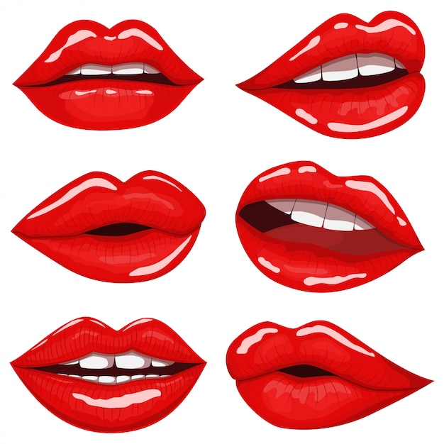 Vecteur jeu de dessin animé de lèvres rouges isolé sur blanc