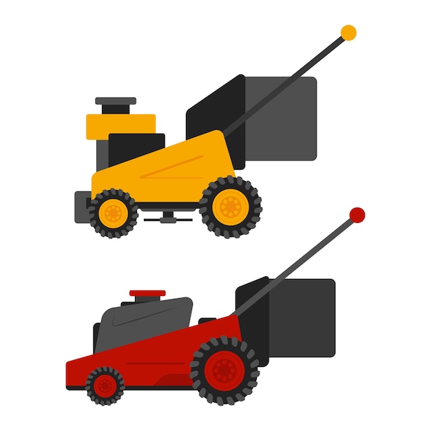 Jeu de dessin animé de vecteur de tondeuse à gazon isolé sur fond blanc
