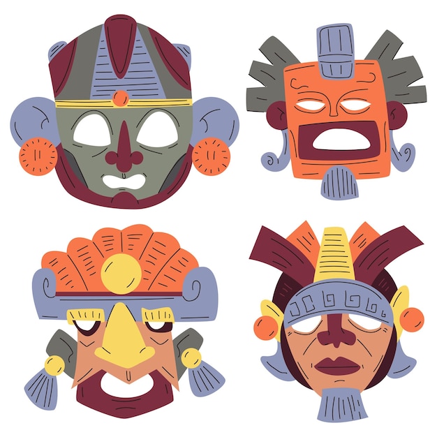 Un jeu de dessins animés vectoriels de masques mayas et tribaux isolés sur un fond blanc