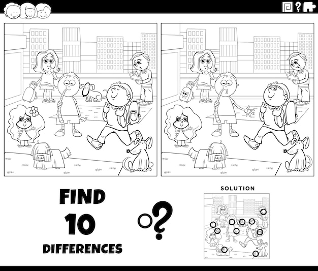 Jeu De Différences Avec Des Enfants De Dessins Animés Dans La Ville Coloriage