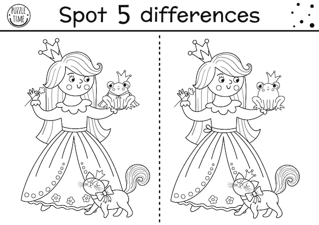 Jeu De Différences En Noir Et Blanc Pour Les Enfants Activité éducative De Conte De Fées Avec Une Jolie Princesse Et Un Prince Grenouille Puzzle Du Royaume Magique Pour Les Enfants Feuille De Travail Ou Coloriage à Imprimer De Conte De Féesxa