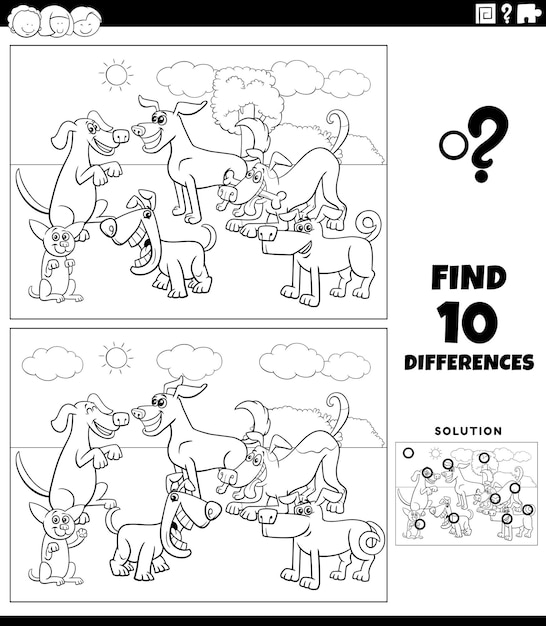 Jeu De Différences Avec La Page De Coloriage Du Groupe De Chiens De Dessin Animé