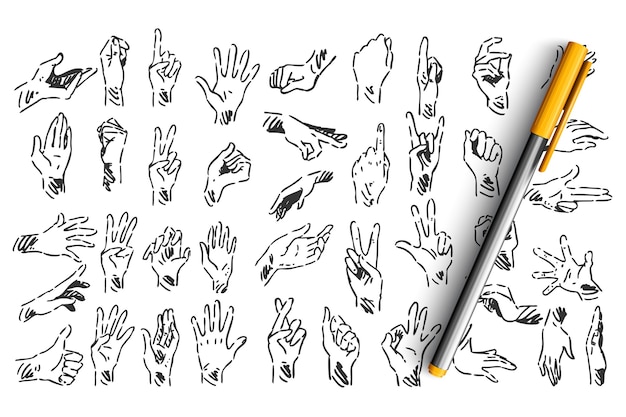 Vecteur jeu de doodle de gestes de la main