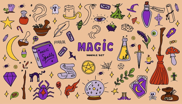 Jeu De Doodle Magique Dessiné à La Main. Icônes Vectorielles D'objets Magiques. Collection D'éléments D'halloween. Balai Magique, Potions, Cartes De Divination, Runes, Livres, Baguette Magique, Sablier.