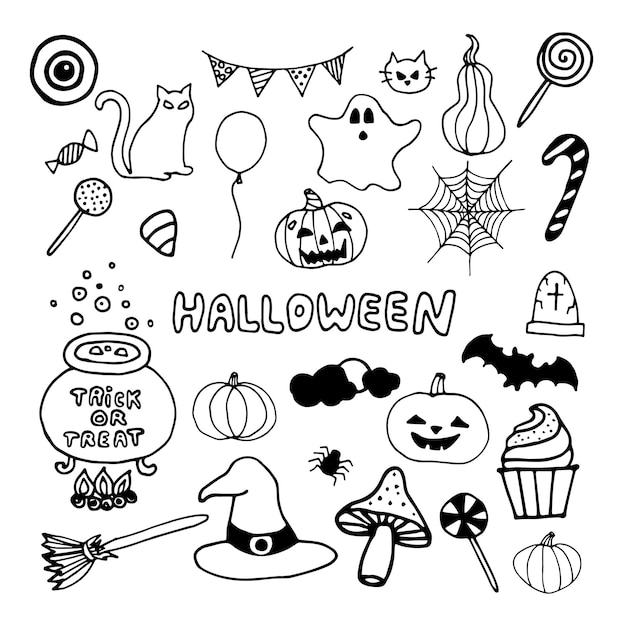 Jeu de doodle vecteur dessiné main Halloween isolé sur fond blanc