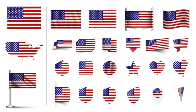 jeu de drapeau des États-Unis d'Amérique plat Icon set vecteur illustration drapeau bouton agitant 3d