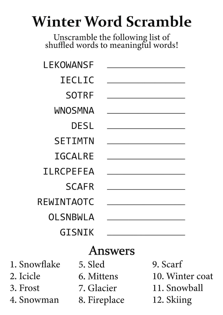 Vecteur jeu éducatif amusant de brouillage de mots et de puzzles d'hiver pour enfants, adolescents et adultes