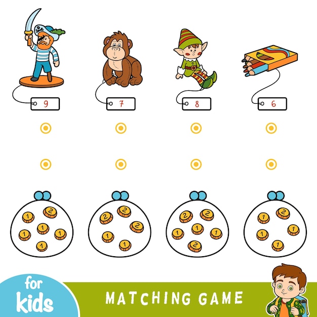 Vecteur jeu éducatif assorti pour les enfants comptez les pièces et choisissez un jouet en fonction du prix ensemble de jouets