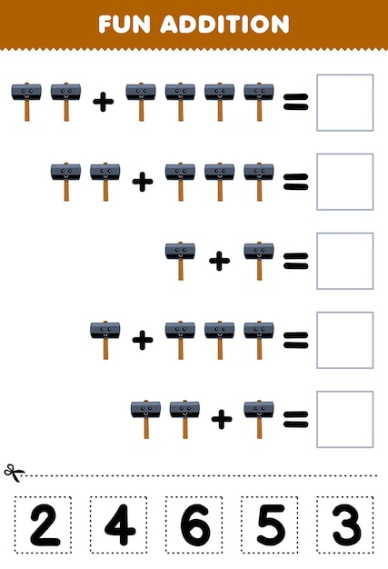 Vecteur jeu éducatif pour les enfants addition amusante par coupe et correspondance du numéro correct pour la feuille de travail imprimable de l'outil de marteau de dessin animé mignon